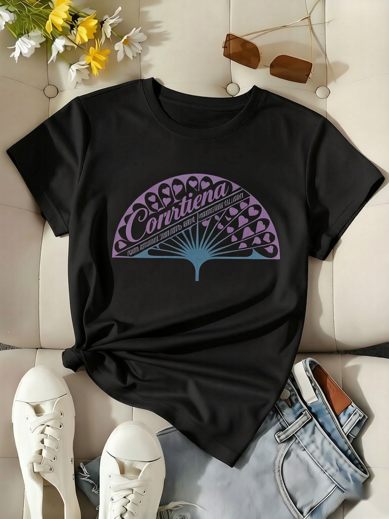 Graphic Tee Vintage Style Purple Heart Fan Print Shirt Skin-friendly Fabric Soft-touch Texture Streetwear Aesthetic Short Sleeve Casual Wear Perfect for Daily Wear, Outdoor Activities, Music Festivals, Parties, or as a Creative Gift for Friends.