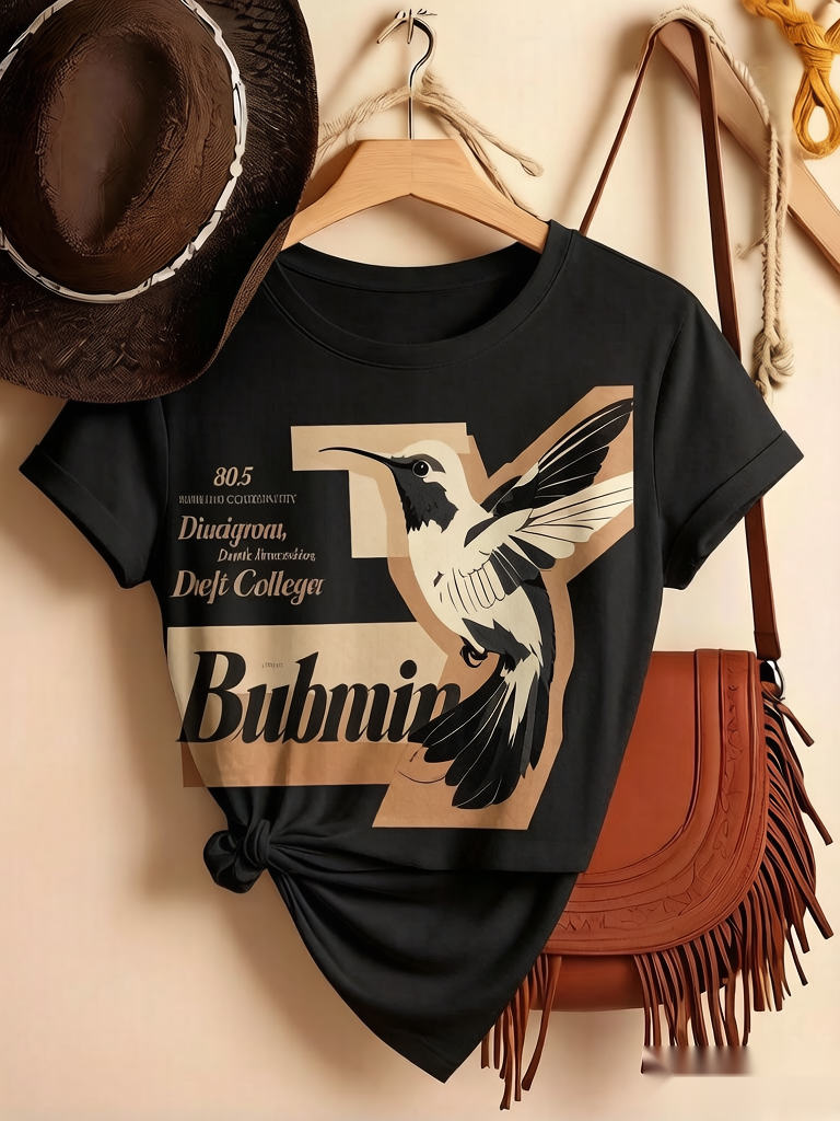 Vintage Hummingbird Graphic Tee Skin-friendly Breathable Fabric Durable Print Streetwear Style Unisex Short Sleeve Casual Wear Perfect for Daily Wear, Outdoor Activities, Music Festivals, Parties, or as a Creative Gift for Friends.