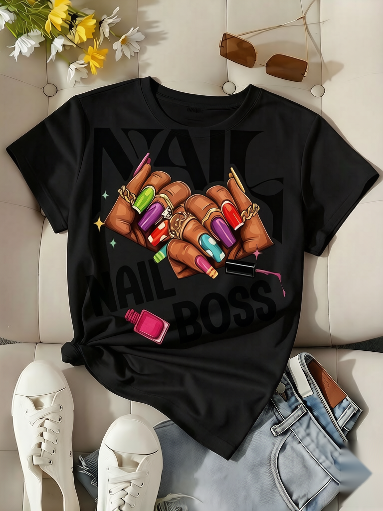 Graphic Tee Nail Boss Vintage Style Short Sleeve Shirt Skin-friendly Fabric Breathable Material Soft-touch Texture Streetwear Casual Wear Perfect for Daily Wear, Outdoor Activities, Music Festivals, Parties, or as a Creative Gift for Friends