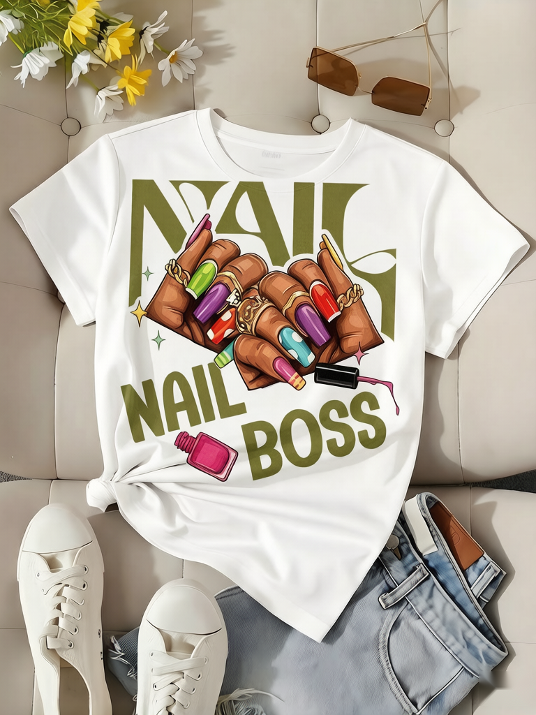 Graphic Tee Nail Boss Vintage Style Short Sleeve Shirt Skin-friendly Fabric Breathable Material Soft-touch Texture Streetwear Casual Wear Perfect for Daily Wear, Outdoor Activities, Music Festivals, Parties, or as a Creative Gift for Friends