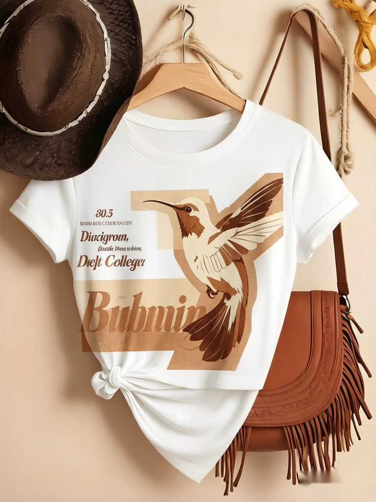 Vintage Hummingbird Graphic Tee Skin-friendly Breathable Fabric Durable Print Streetwear Style Unisex Short Sleeve Casual Wear Perfect for Daily Wear, Outdoor Activities, Music Festivals, Parties, or as a Creative Gift for Friends.